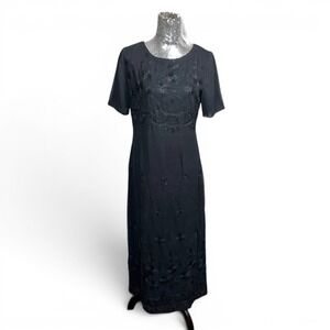 Vintage 90s Black Embroidered Floral Maxi Dress Evening Size 8 Party Gothic